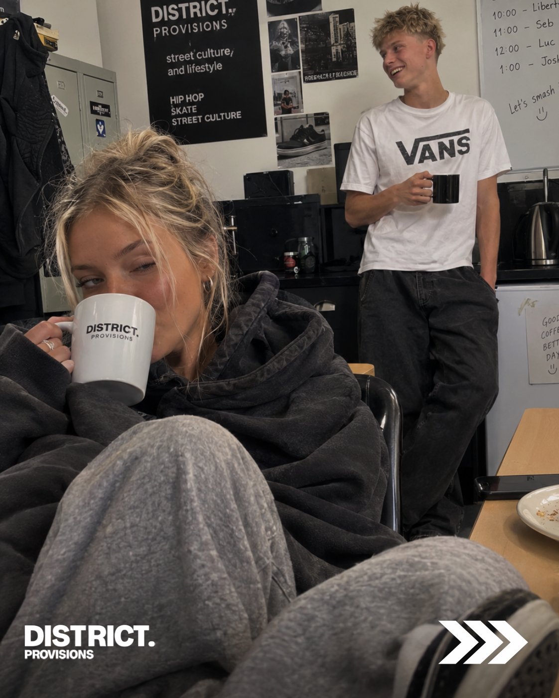 The staff-room essentials: a comfy hoodie, feet up, a proper brew and Sebz keeping the conversation going by the kettle.